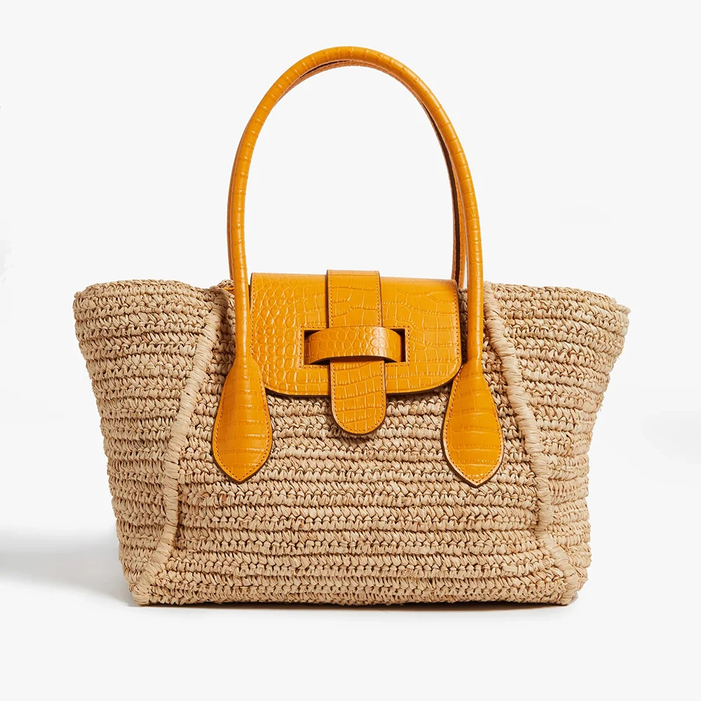 Elegant Manufacturer Pu Leather Raffia Womens Tote Bags Wholesale Designer Large Straw Beach Bag Custom Logo Womens Handbags