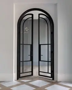 French Style Wrought Iron Doors Metal Steel Glass UL Certified Lock Finished Surface Exterior Home Use Arch Glass Windows Design
