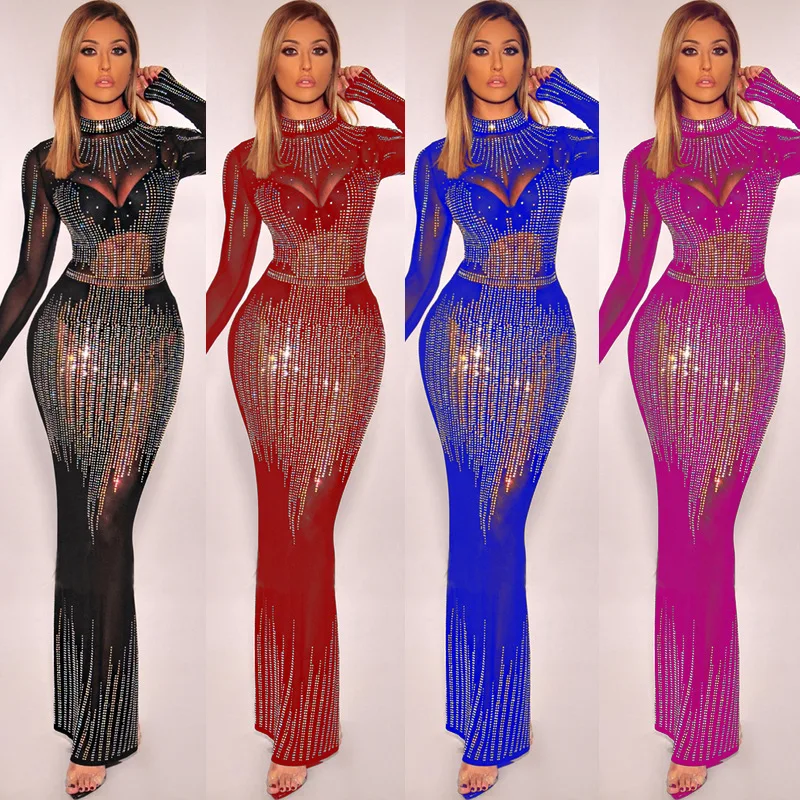 vestidos de fiesta robes femme Ladies Bling Long Sleeved fashion plus size Nightclub Clothing party Sexy See Through Club Dress