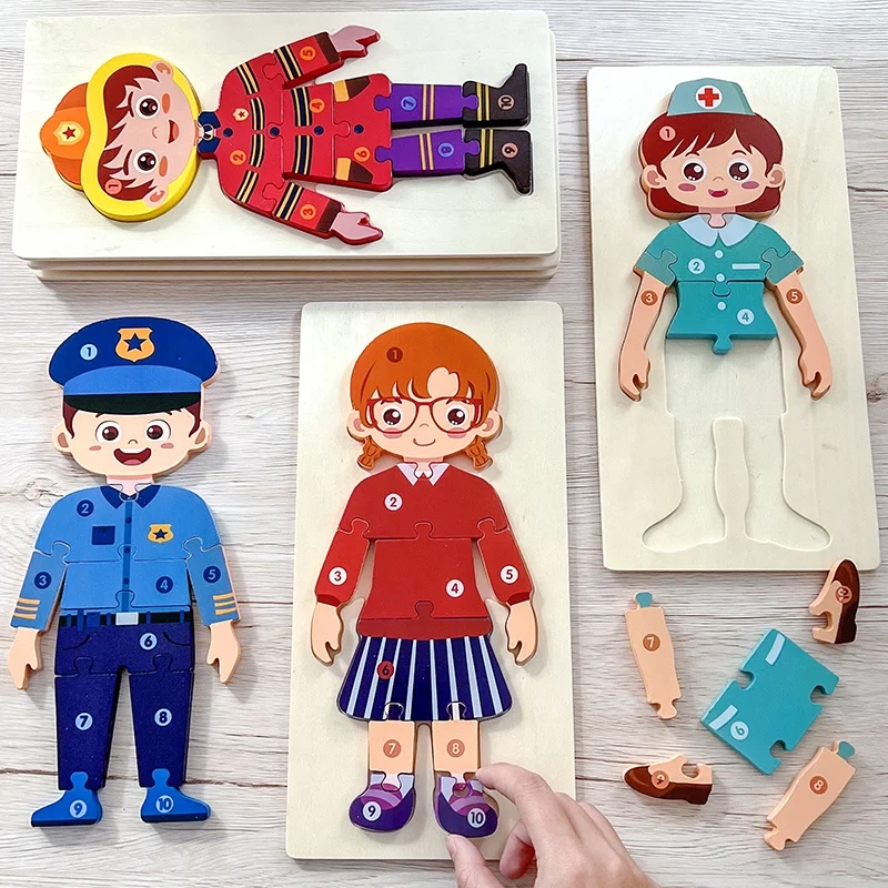 Children Educational Montessori Toys Cartoon Wooden Jigsaw Puzzle for Kids Astronaut Worker