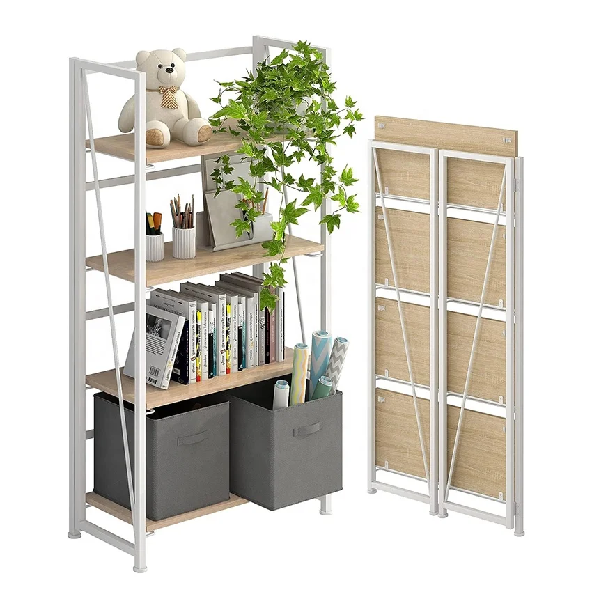 Vintage Foldable Bookshelf Folding Shelf bookcase Industrial Look Living Room Bedroom Furniture 4 Tier Shelf