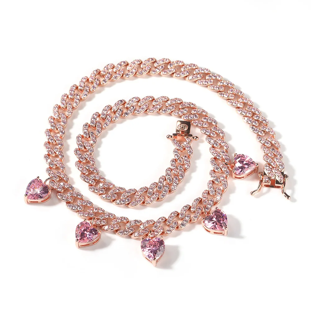 hot sale ins hip hop iced out cz 9mm gold silver love heart charm pink cuban link choker chain women