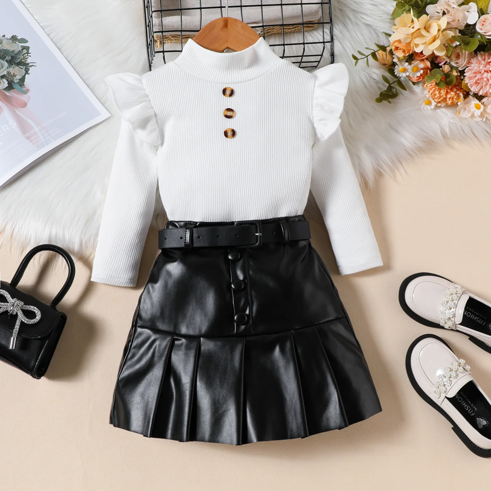 2024 Spring Autumn Girls Clothing Solid Color High Neck Long Sleeve Top PU Leather Pleated Skirt Belt 3Pcs Children Clothes