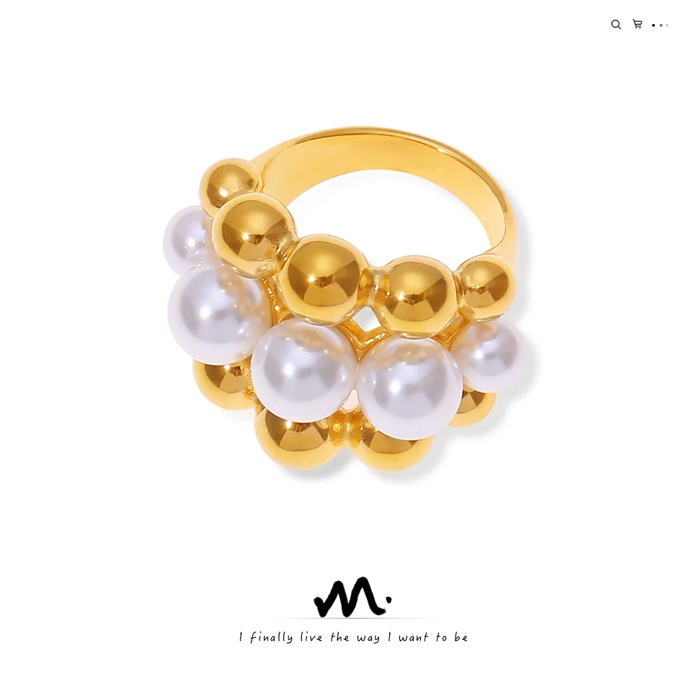 Elegant temperament simple personality jewelry shell bead splicing design sense titanium steel gold-plated multi-layer ring