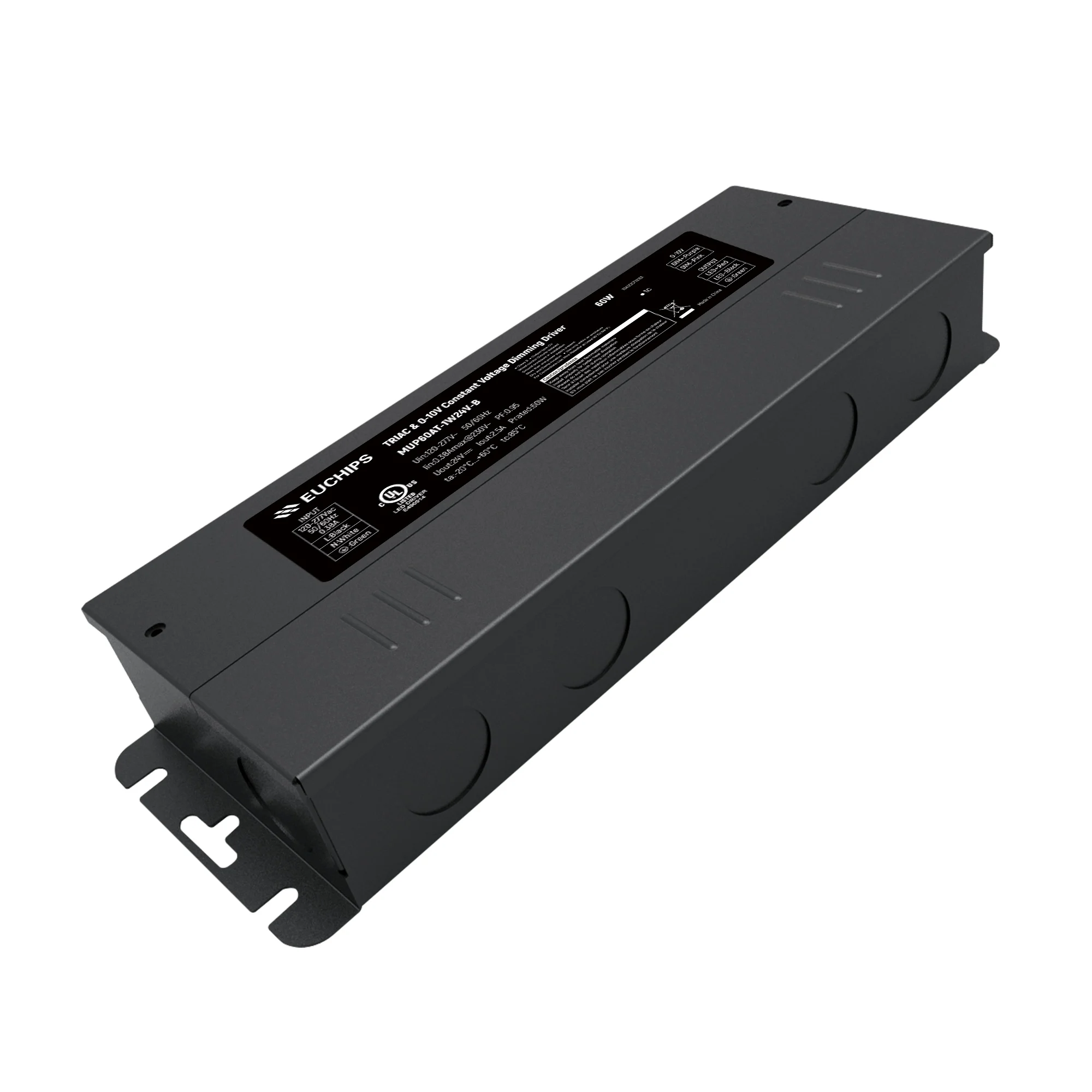 EUCHIPS 60W Triac & 0-10V Constant Voltage Dimmable Drivers 120-277V AC to 24V DC US Standard LED Striplights Dimming Driver