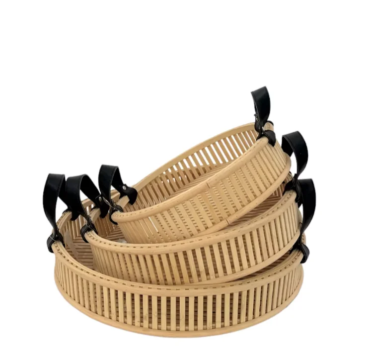 New Home Decor Craft Bamboo Basket Wooden Storage Wicker Tray With Leather Handle