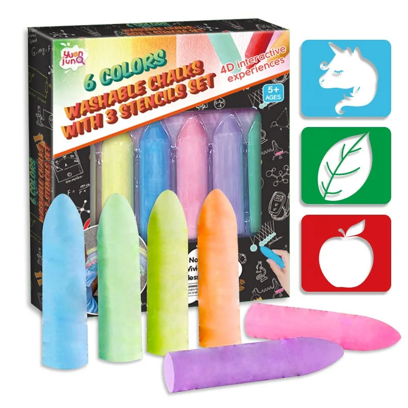 2024 Wholesale 6 Colors School Blackboard Washable Big Dust Free Sidewalk Chalk With 3 Stencils