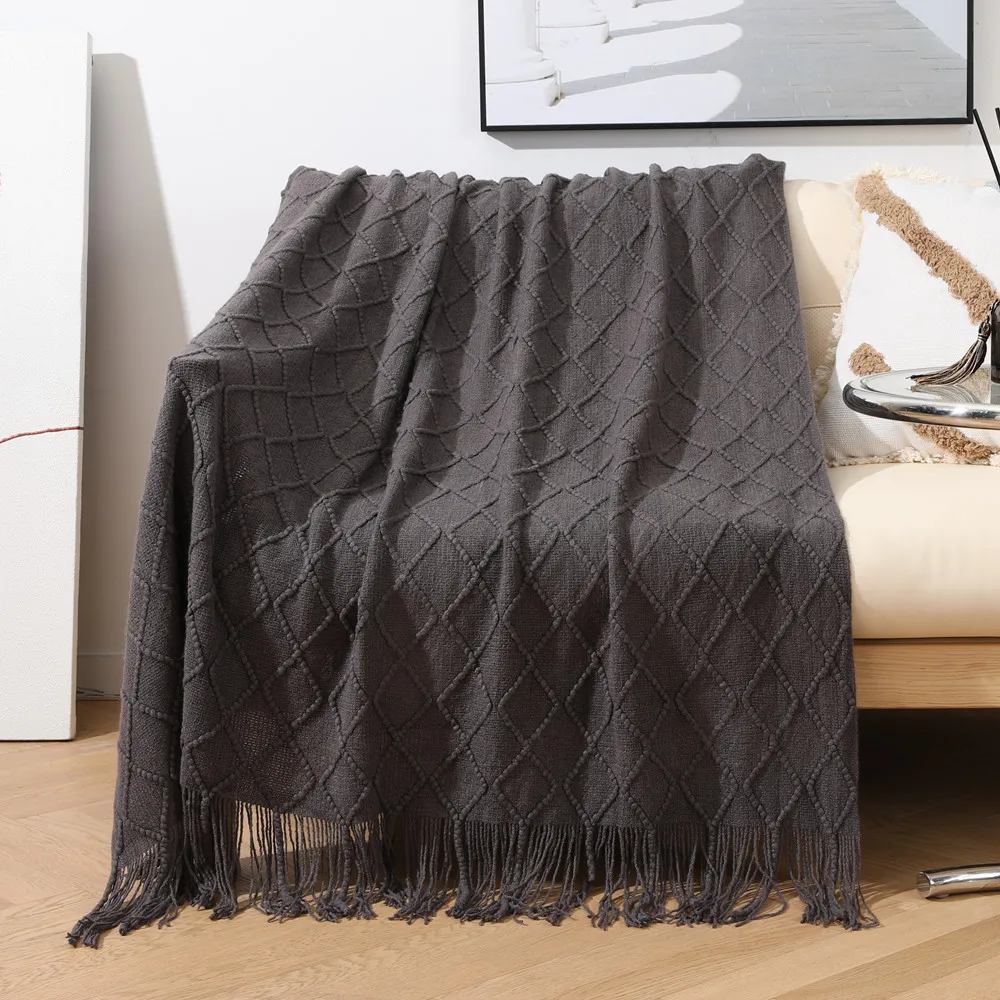 Wholesale Luxury Soft Decorative Throw Knitted Fringe Knit 100% Acrylic Textured Solid Home Throw Blanket