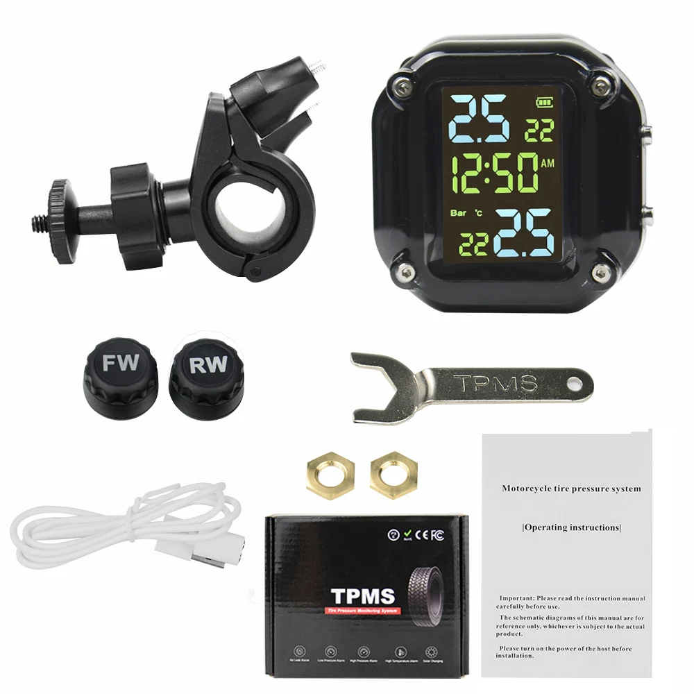 M5 Wireless TPMS Motorcycle Tire Pressure Monitor Alarm Tire Pressure Monitoring System with 2 External Sensors