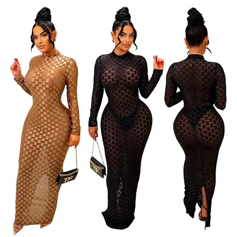 Channel 2024 Autumn Women Split Back Mock Neck Long Sleeve See Through Mesh Maxi Dress Bodycon Ladies Sexy Party Club Night