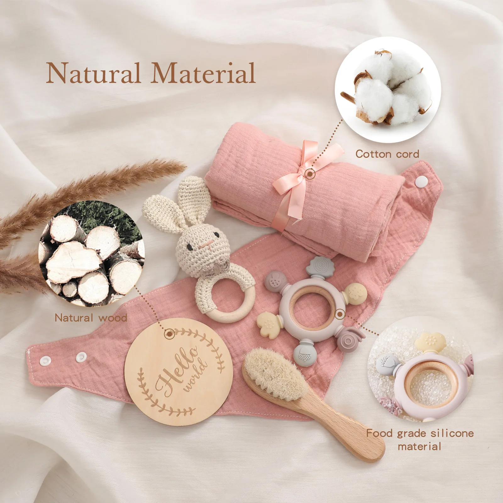 TongTu 2024 New 6pcs newborn Baby Shower Gift Set Animal Rattle wooden milestone Wool brush Baby Teething Baby Gift Set