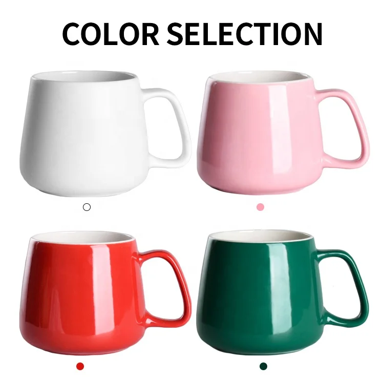 Short and Plump Colored Ceramic Mug Coffee Cup with Lid and Spoon Customized Logo Flat Bottom for Heating Beautiful Drinking Cup