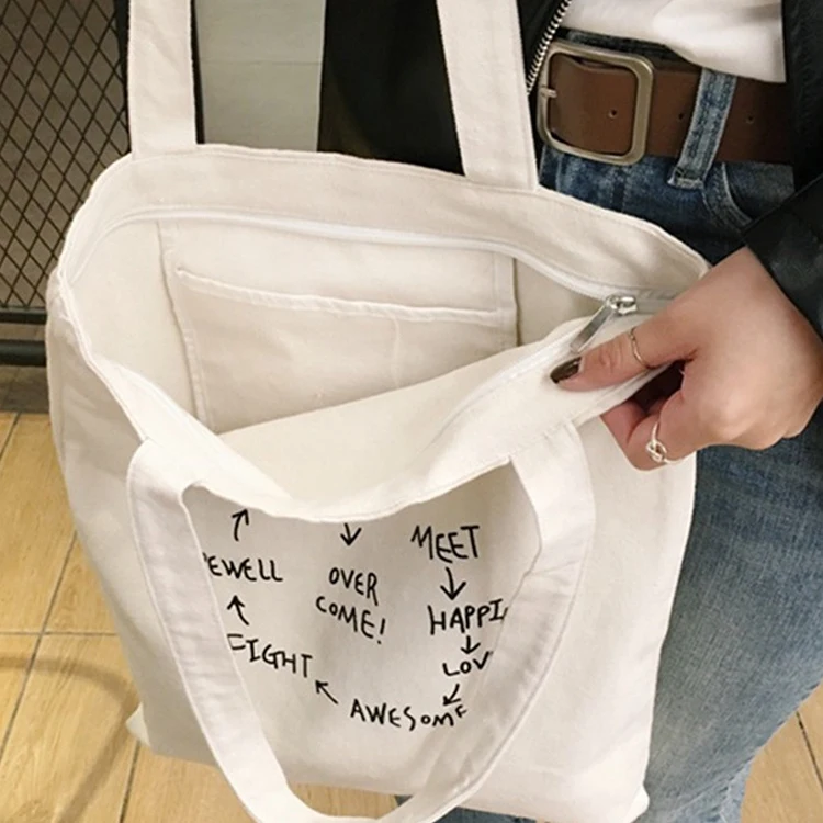 Wholesale reusable simple cartoon print zipper shopping canvas tote bag cotton with handles
