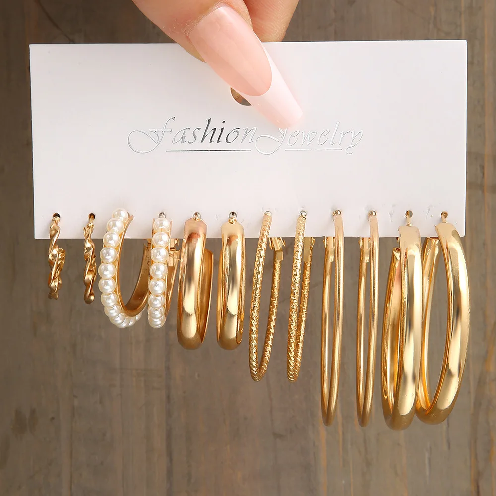 Custom Geometry Earrings Jewelry Women Stainless Steel 6 Pairs Vintage Pearl Earrings Set