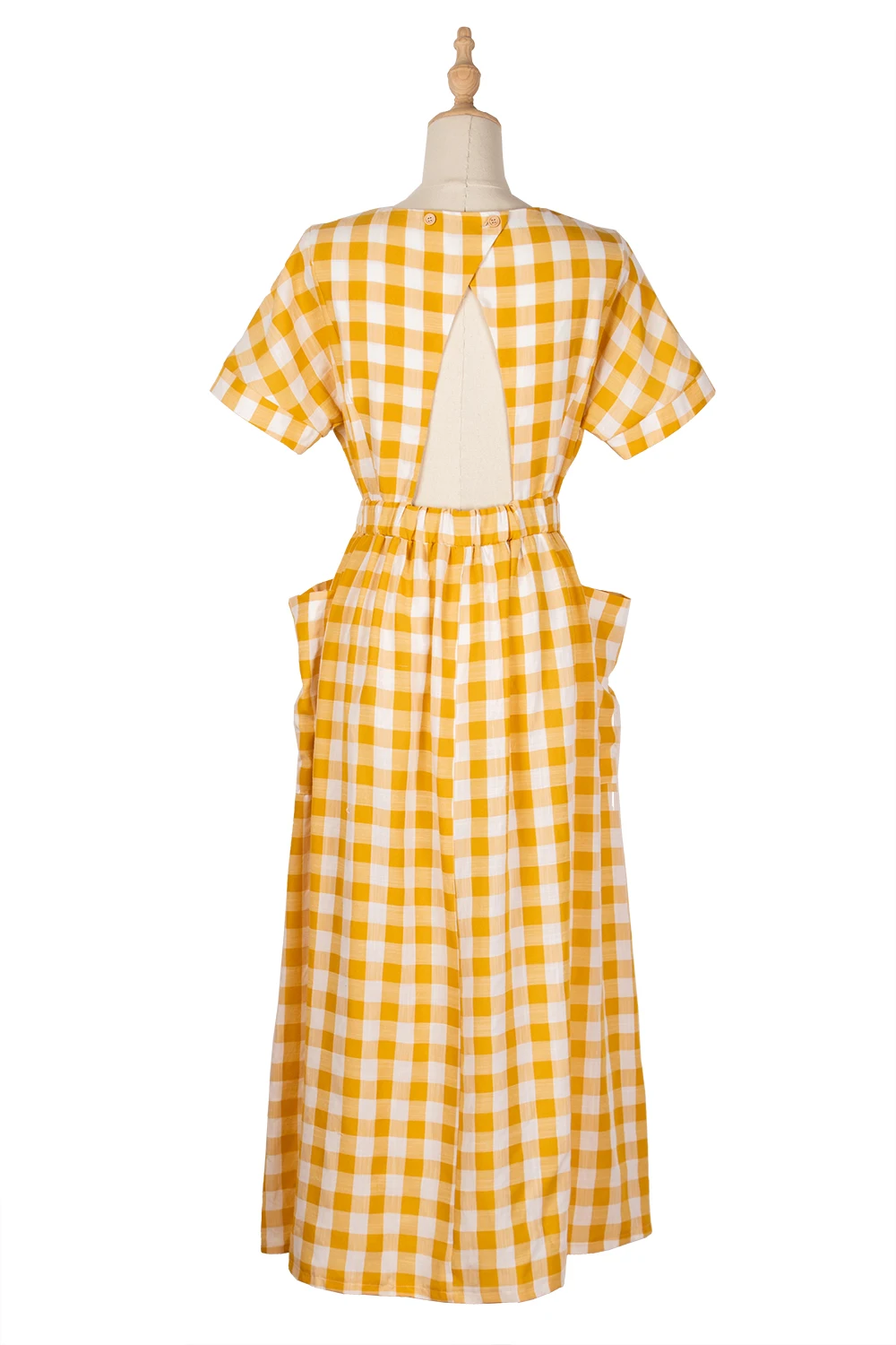 Elegant yellow Plaid short sleeve casual women dresses with plus