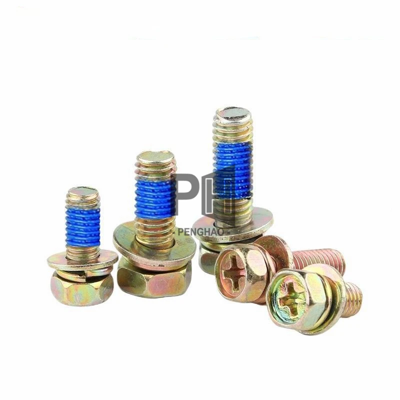 Colored Zinc Cross Hex Head  M3 M4 Adhesive Anti-Loose Three-Combination Screws with Flat and Spring Washer Nylon Blue Patch