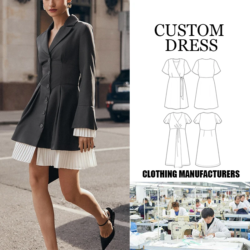 fall 2024 women clothes manufacturers OEM Commuting Elegant long sleeves blazer Mini fitted ladies dress with pleated