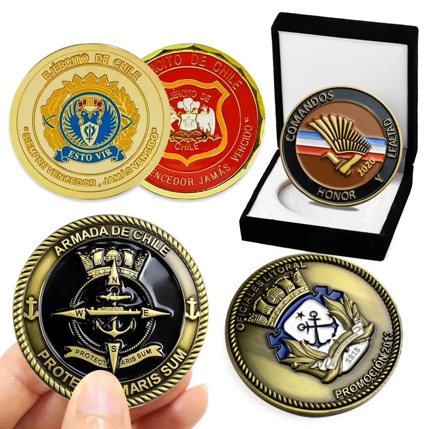 Custom chile cheap double coins metal zinc alloy metal engraved logo gold enamel challenge coin