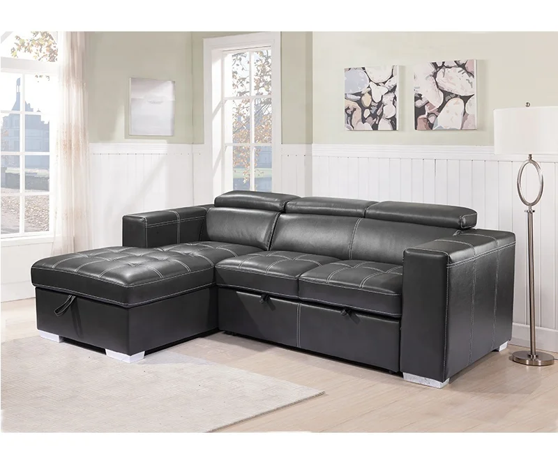 Tianhang Furniture texture dull black leather headrest living room sofas 2 seats+ chair sofa bed with storage