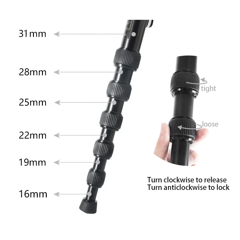 BEXIN Aluminum Lightweight Portable Monopod Triangle Brace Extension Pole Travel Hiking Stick for Camera Head Phone Clip Compass