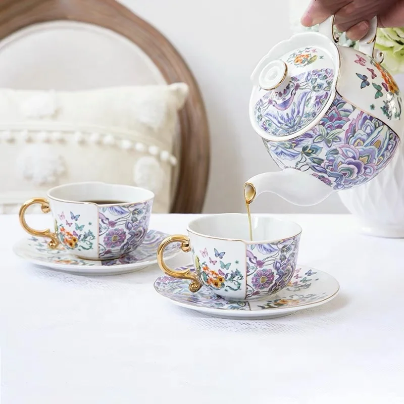 Unique Irregular Coffee & Tea Sets Ceramic Kettle Afternoon Tea Cup Gift Box Set of 2 Cups and Saucer With Teapot
