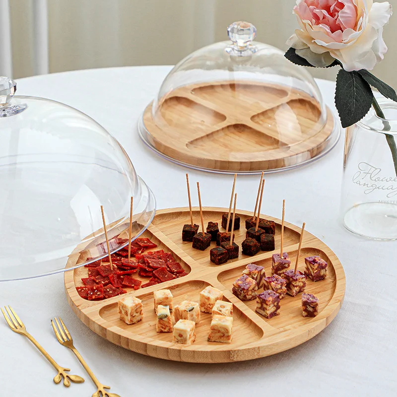 Eco-friend Round Bamboo Serving Restaurant 4 Compartment Breakfast Tray Snack Serving Plate with Lid dome cover