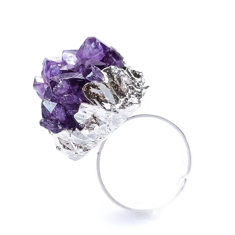 Natural Gemstone Druzy Quartz Purple Crystal Golden Silver Bezel-set Amethyst Cluster Ring For Women