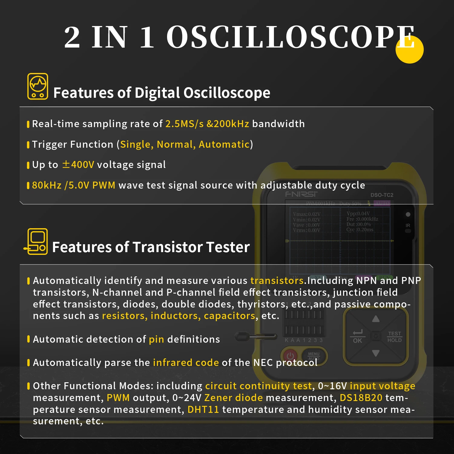 Fnirsi Handheld Digital Oscilloscope Lcr Meter Two-In-One DSO-TC2 Portable Electronic Diy Testing Instrument
