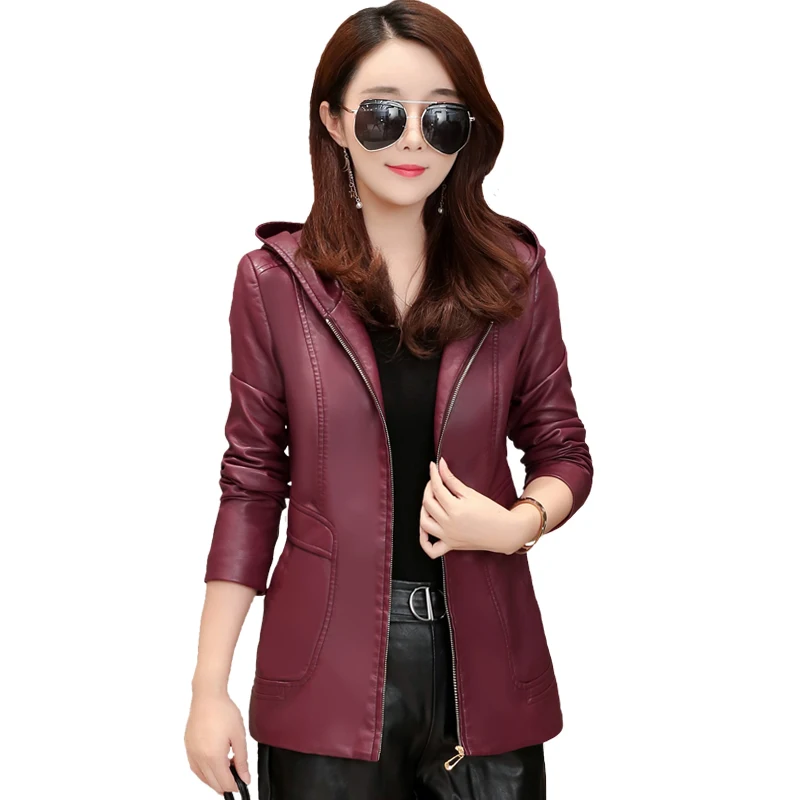 
2021 New Womens Elegant Hooded Leather Jackets Ladies Slim Soft Sheepskin Leather Coat Plus Size 6XL Female Clothing Outerwear 