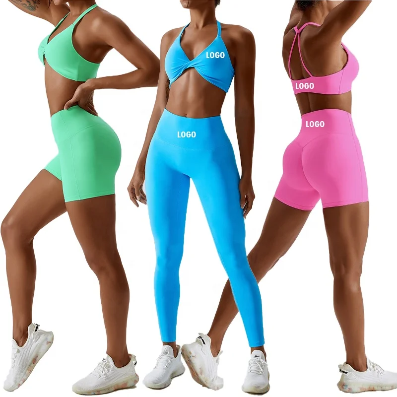 2023 New Women Workout Set Fitness Clothing Front Twisted Open Back Sports Bra and V Back Yoga Shorts Leggings Gym Fitness Set