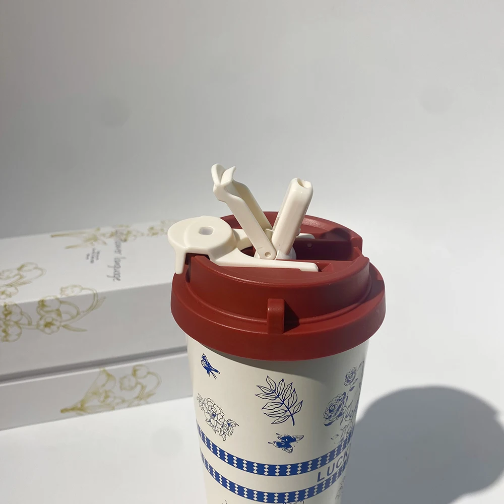 OEM 16oz Double Wall Stainless Steel Travel Insulated Coffee Mug with Straw and Spout Drinking Lid