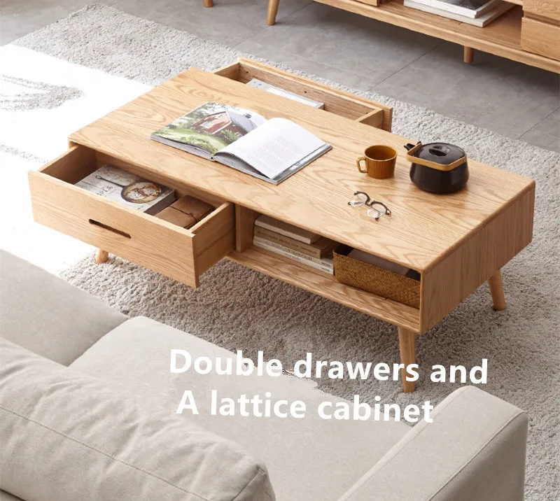 Modern Fashion Simple Style Long Rectangle Oak Coffee Table With Double Drawers