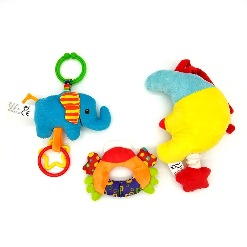 
hot sale cute animal styles 3pcs plush infant rattle gift set playing bell toys set 