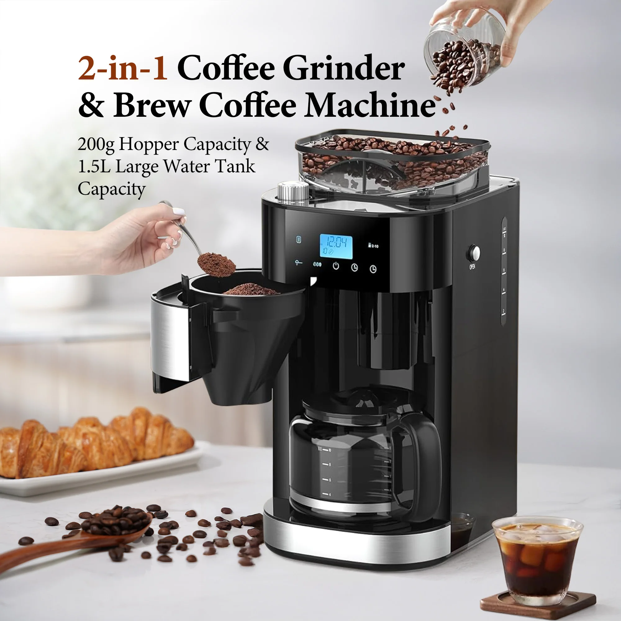Grind and Brew Coffee Maker with Burr Grinder 1.5L Water Tank Programme Coffee Machine