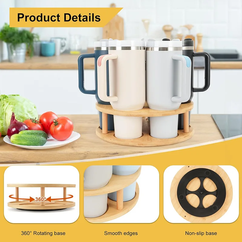360 Rotating Cup Holder Bamboo Water Bottle Organizer for Stanley 14/20/30/40 oz Tumbler Kitchen Storage Organizer Accessories