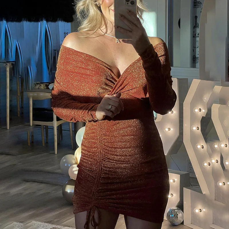 M23Ds4 Fashion Fall 2023 Casual Sequin Velvet Long Sleeved Slim Fit Drawstring Pleated Gold Sprinkling Mini Dress
