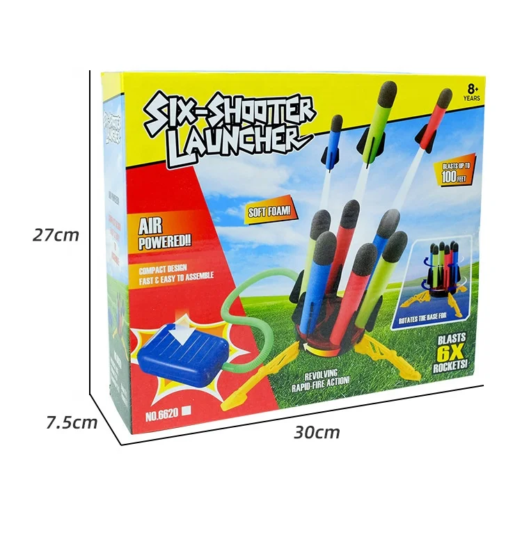Six Shooter Foot Pedal Air Pressure Foam Toy Rocket Launcher for Kids