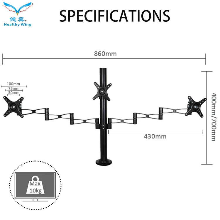 Triple Monitor Mount Desk Stand  Height Adjustable Arms for Three 14'-29' VESA Screens