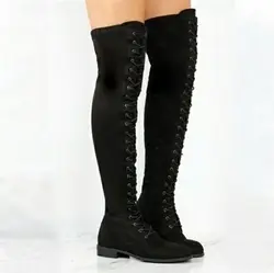 B22980A Europe fashion Plus size Cross lace-up thigh boots shoes Side zipper boots
