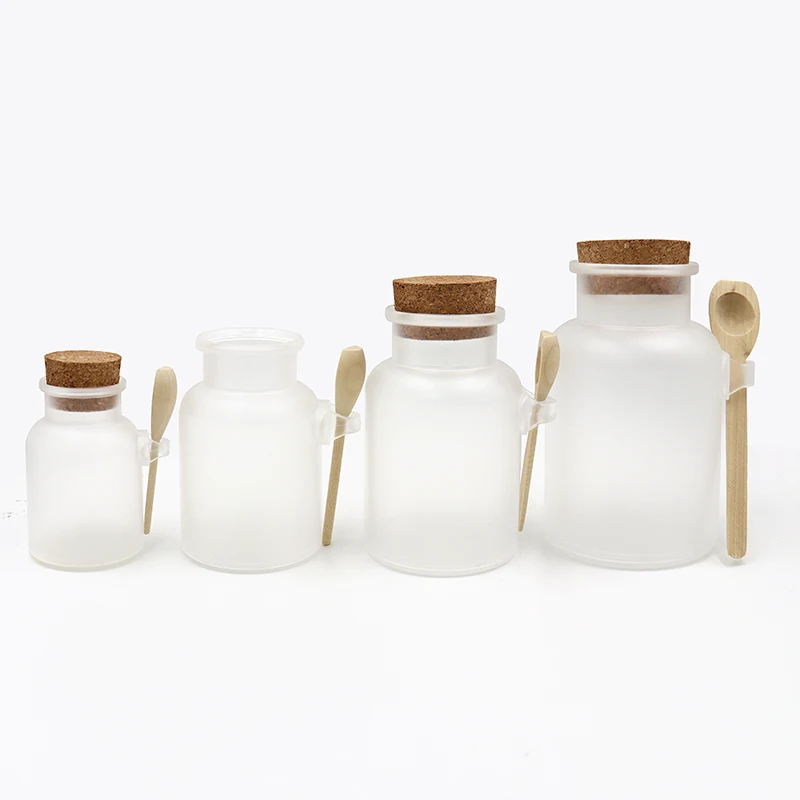 100ml 200ml 300ml 500ml frosted plastic bottle ABS bath salt jar with cork lid Small spoon clear wide mouth bottles big capacity
