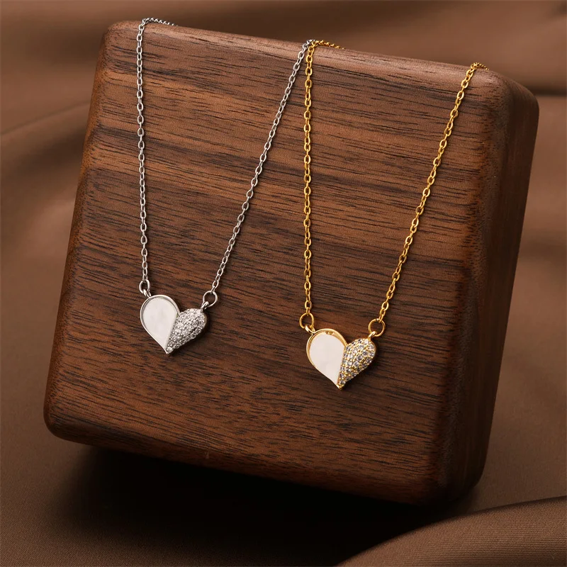 Korea Designed Heart-Inlaid White Shell Pendant Necklace 18K Gold-Plated Clavicle Chain Stainless Steel Jewelry for Women Gifts