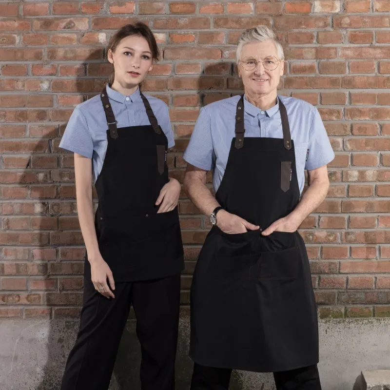 Stock Fashion 100% COTTON Multi Pockets Overall Unisex Kitchen Apron with Logo for Restaurants Cafe Bar Home Cooking