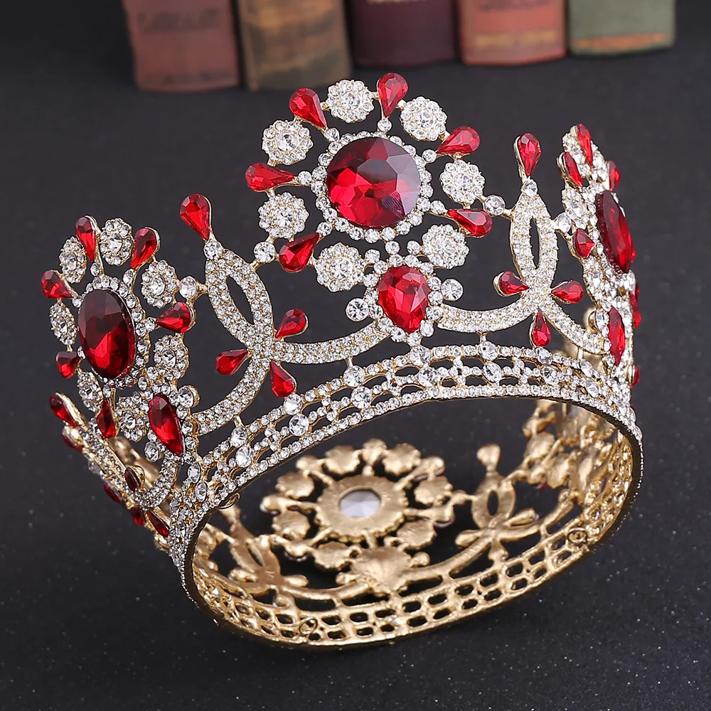 Wholesale Luxury Large Princess Wedding Tiara Flower Big Red Crystal Blue Diamond Full Round Pageant Crown For Women