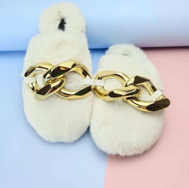 Wholesale Women Slipper 2022 Winter Indoor Slippers Furry Fuzzy Warm Gold Chain Decor Luxury Fur Slides Fox Fur Slides For Women