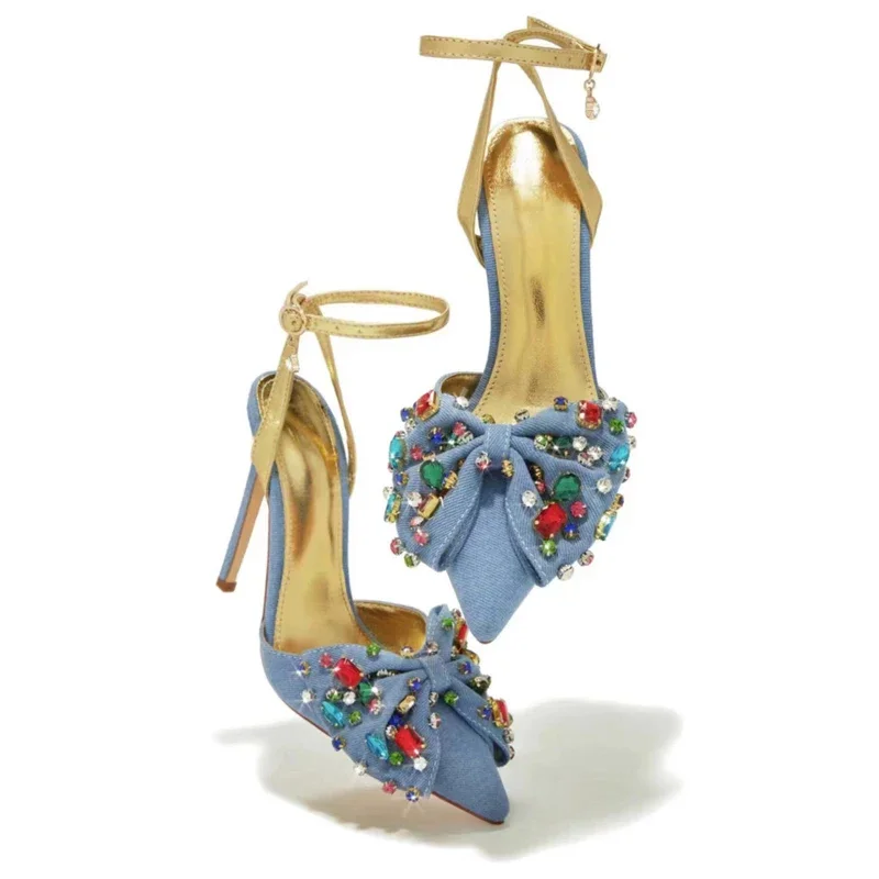 Colorful Diamonds Women Denim Sandals Blue Butterfly Stiletto High Heels Pointy Toe Ankle Straps Jeans Shoes