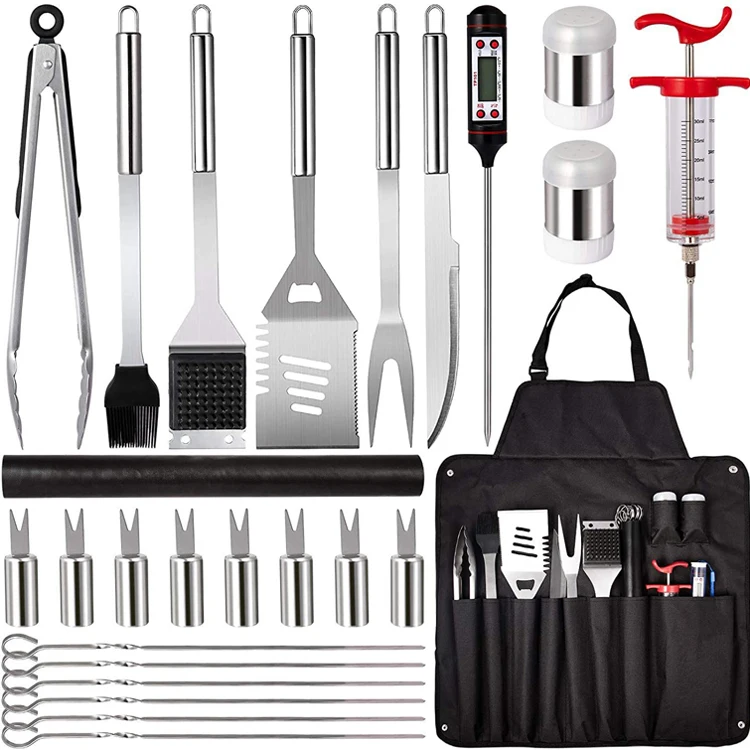 Wholesale custom outdoor grill 26-piece set barbecue BBQ tool set with thermometer apron