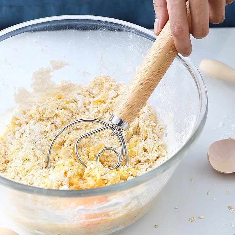 Wholesale wooden handle kitchen baking stainless steel 13 inch bread raw dough whisk mixer