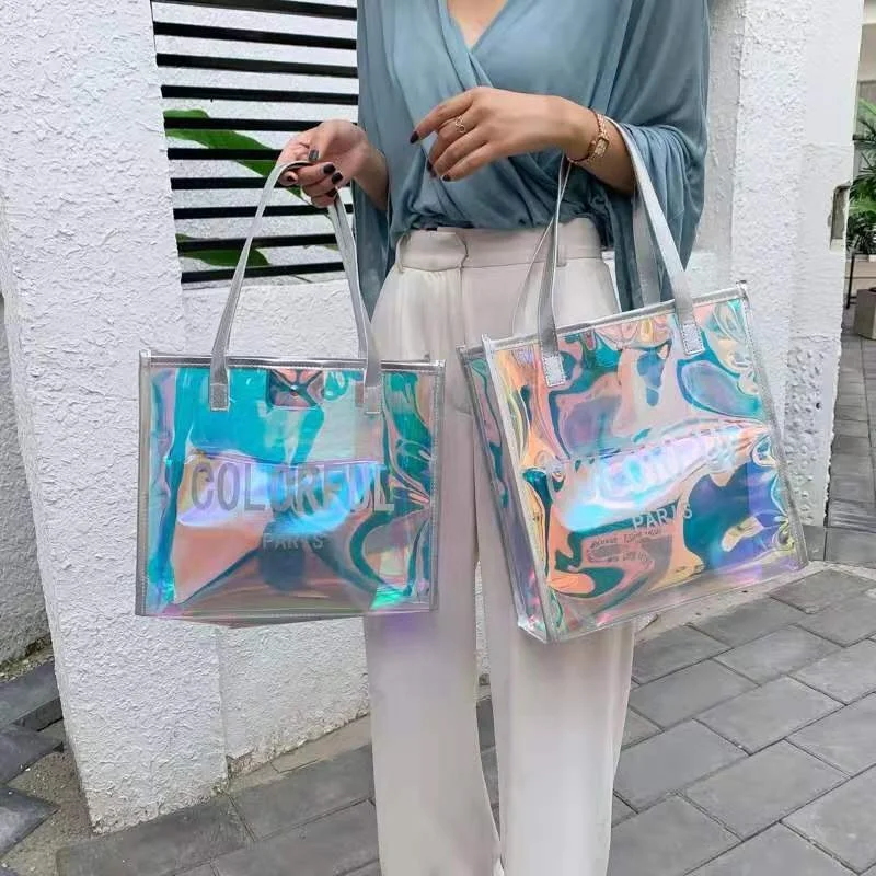 Wanrou Wholesale Pvc Women Handbags Glossy Mini Pvc Shopping Bag Holographic Tote Bag Shopping Bag Without Pouch