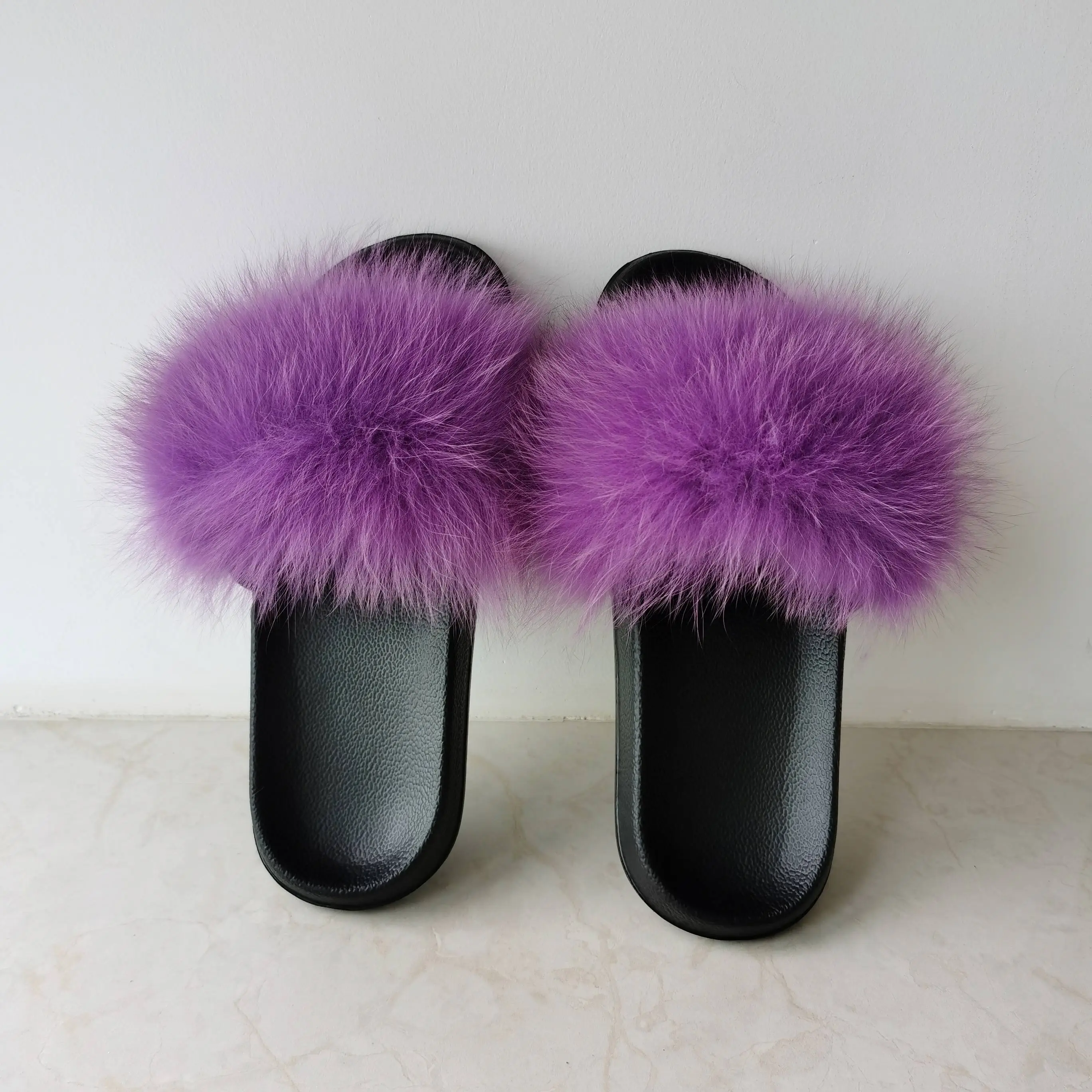 Wholesale Fashion Flats Sandals Lady Fluffy Slippers Women Natural Fox Furry Slippers Summer Beach Customize Real Fox Fur Slides