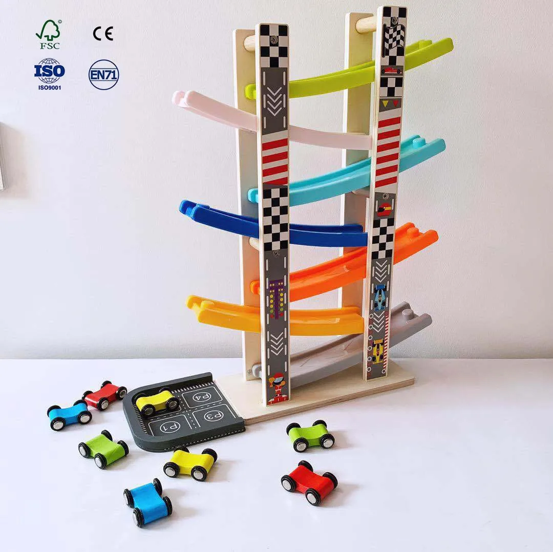 Wooden 7 Layer Racing Track Car Toy Montessori Educational Toy for Kids Enhances Hand Eye Coordination and Cognitive Skills